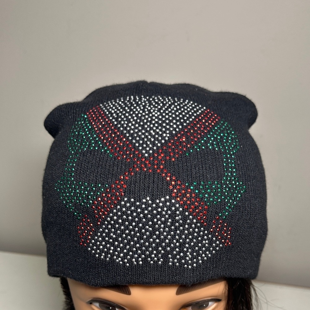 Black Skull Beanie with silver red and green Rhinestone Design